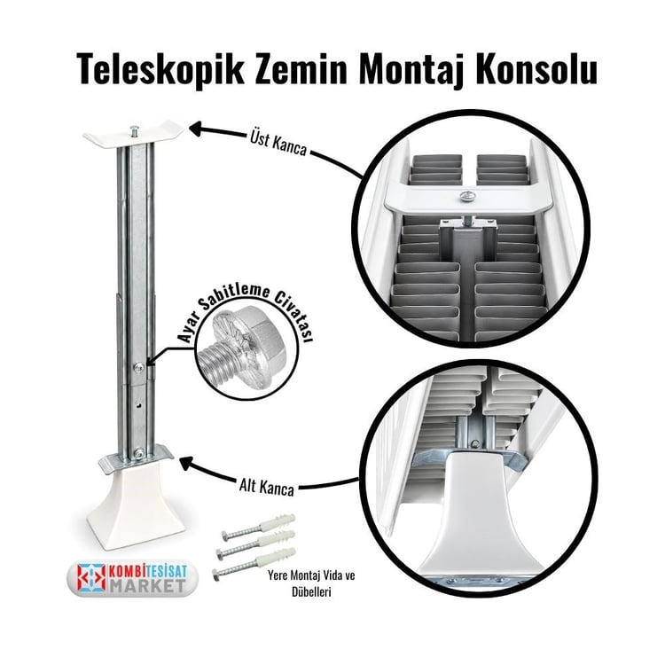 zmtelkon405060-Teleskopik Ayarlanabilir Panel Radyatör Zemin Montaj Konsolu - 40/50/60 cm Tip 22 Petek Yere Sabitleme Ayağı