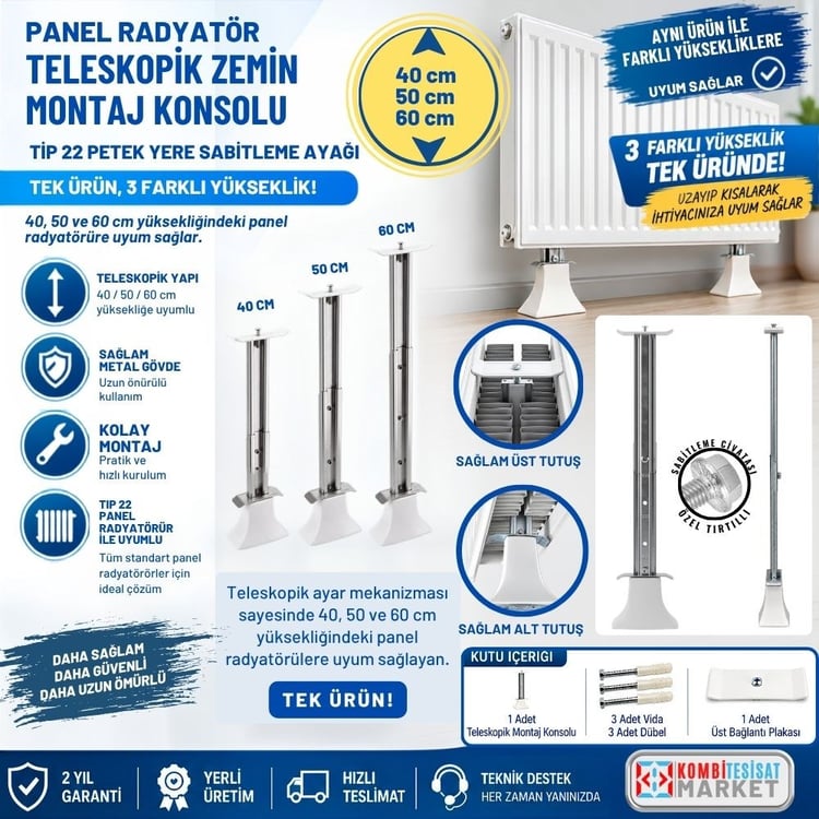 zmtelkon405060-Teleskopik Ayarlanabilir Panel Radyatör Zemin Montaj Konsolu - 40/50/60 cm Tip 22 Petek Yere Sabitleme Ayağı