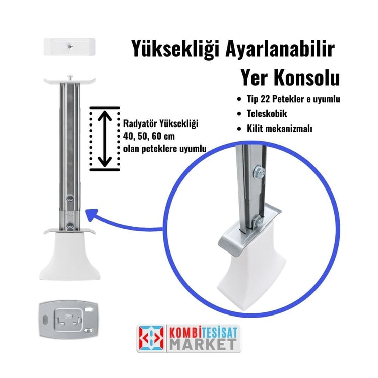 zmtelkon405060-Teleskopik Ayarlanabilir Panel Radyatör Zemin Montaj Konsolu - 40/50/60 cm Tip 22 Petek Yere Sabitleme Ayağı