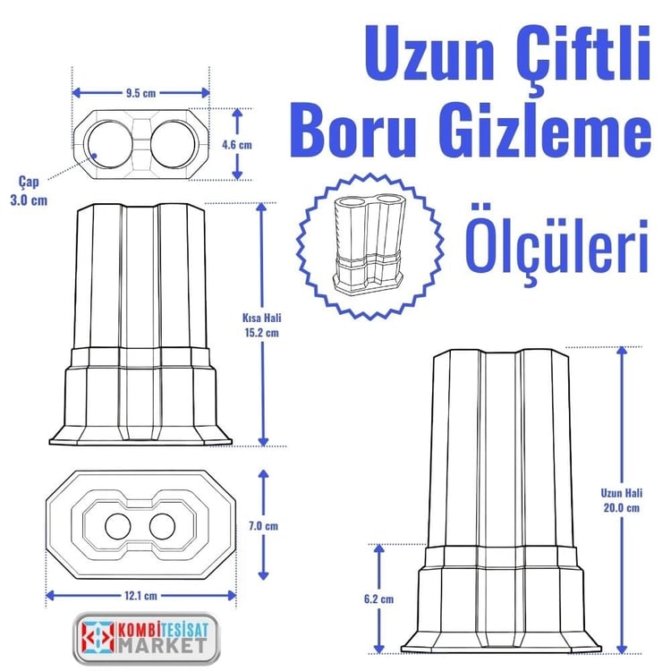 ucucb100-Uzun Çiftli Boru Gizleme Beyaz 20 cm