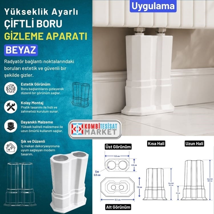 ucucb100-Uzun Çiftli Boru Gizleme Beyaz 20 cm