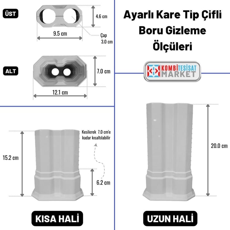 ucucb100-Uzun Çiftli Boru Gizleme Beyaz 20 cm