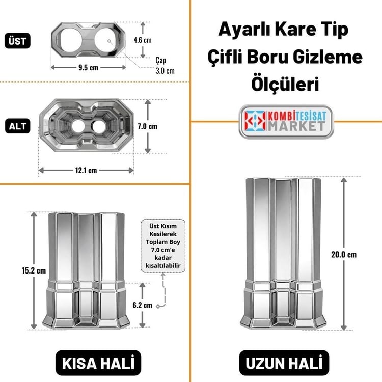 ucucb200-Uzun Çiftli Boru Gizleme Krom 20 cm