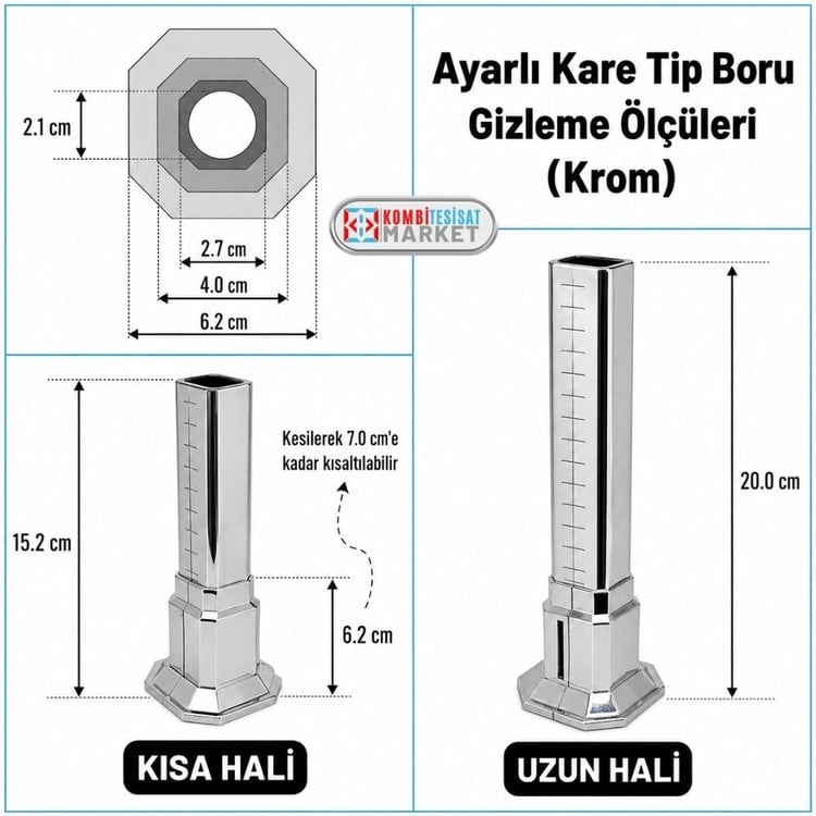 ucutb200-Uzun Tekli Kare Boru Gizleme Krom