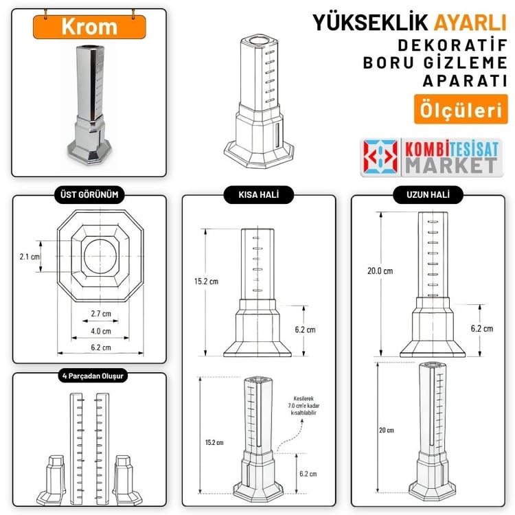 ucutb200-Uzun Tekli Kare Boru Gizleme Krom