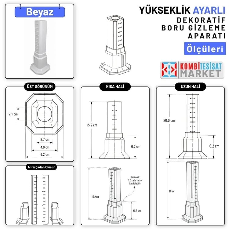 ucutb100-Uzun Tekli Kare Uzun Boru Gizleme Beyaz