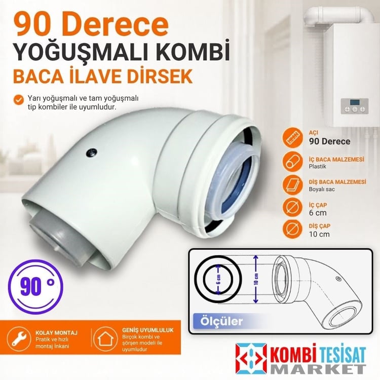 ybacad90-Yoğuşmalı Baca Dirseği 90 Derece - (İçi Plastik)