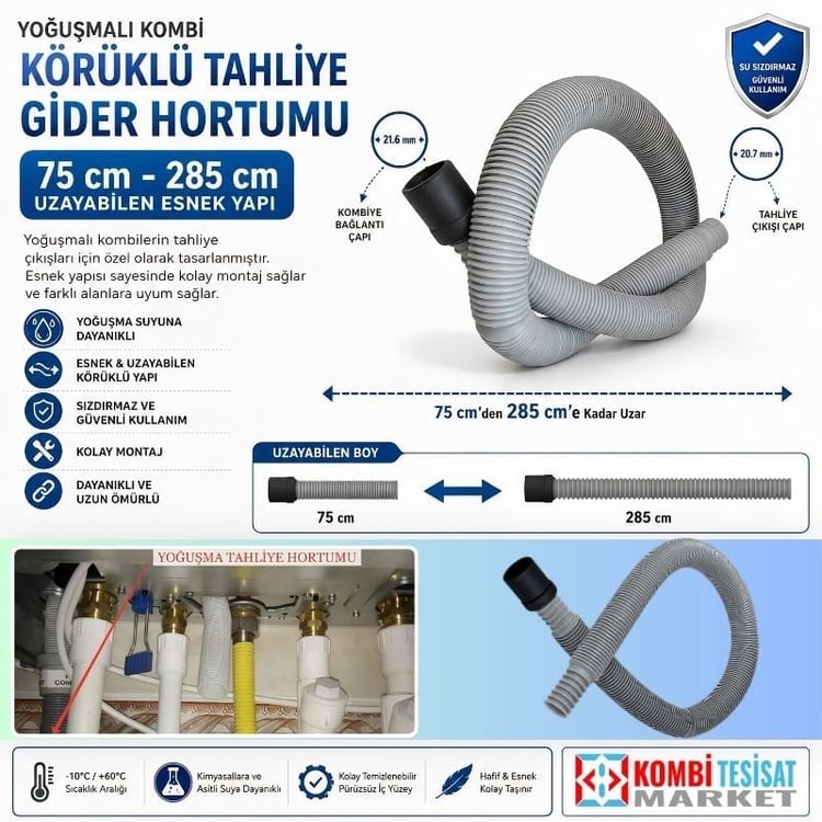 KHortum75290-Yoğuşmalı Kombi Körüklü Tahliye Gider Hortumu (75cm-285 cm)
