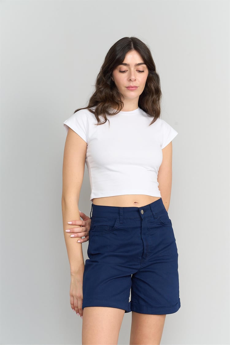 Çetinkaya Fithit 3266 Kadın Bisiklet Yaka Penye Basic Crop T-Shirt Beyaz