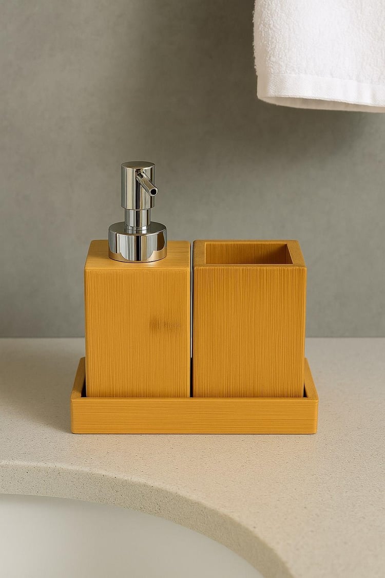 Doğal Bambu 3 Parçalı Çok Amaçlı Banyo Seti – Sıvı Sabunluk Ve Diş Fırçalığı Organizer