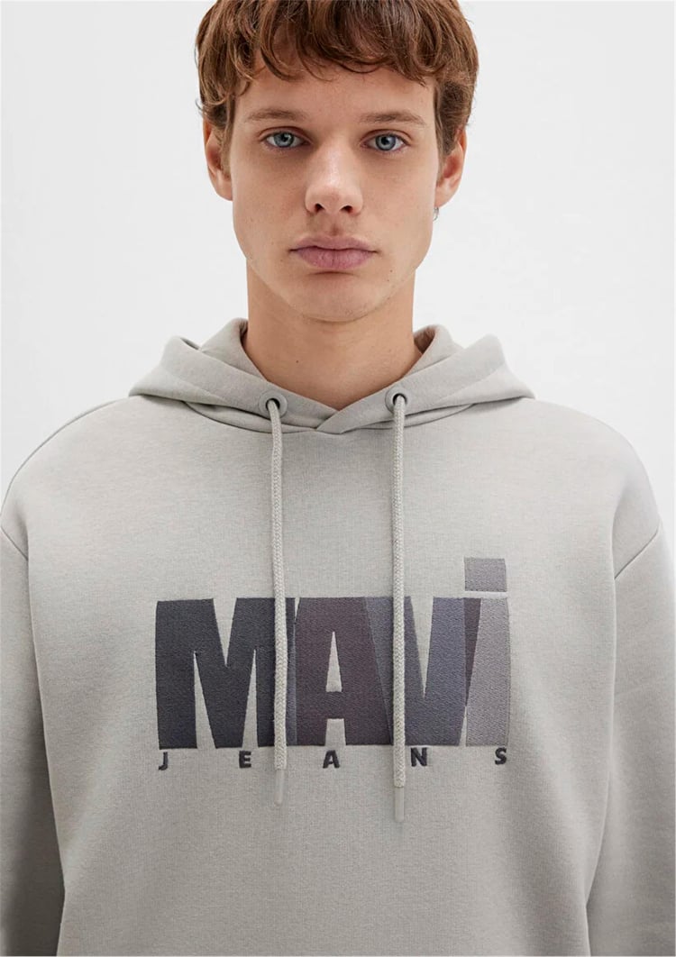 Mavı M0S10199-70093 Mıneral Grı Erkek Mavı Logo Baskılı Kapusonlu Oversıze Sweatshırt