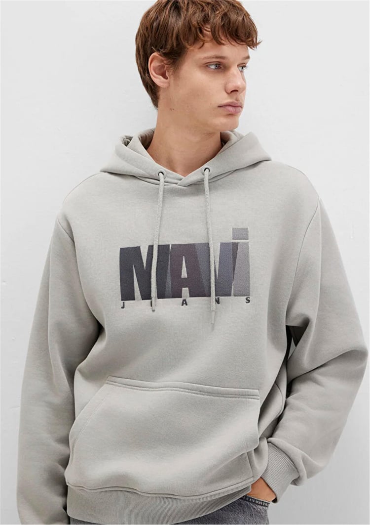 Mavı M0S10199-70093 Mıneral Grı Erkek Mavı Logo Baskılı Kapusonlu Oversıze Sweatshırt