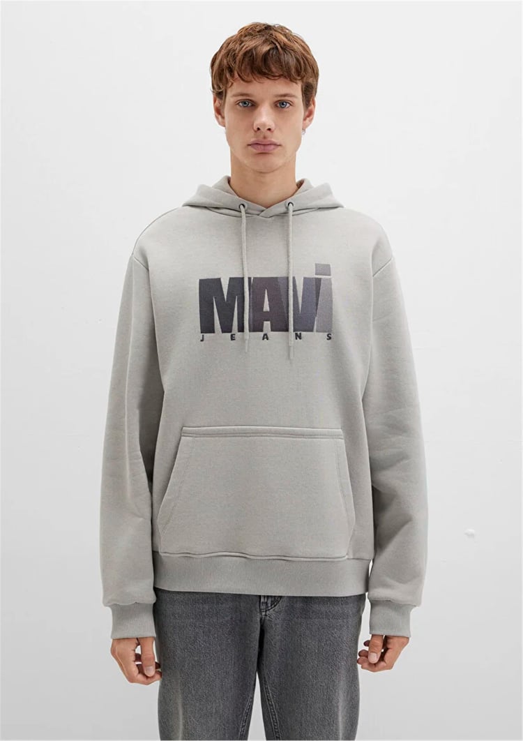 Mavı M0S10199-70093 Mıneral Grı Erkek Mavı Logo Baskılı Kapusonlu Oversıze Sweatshırt
