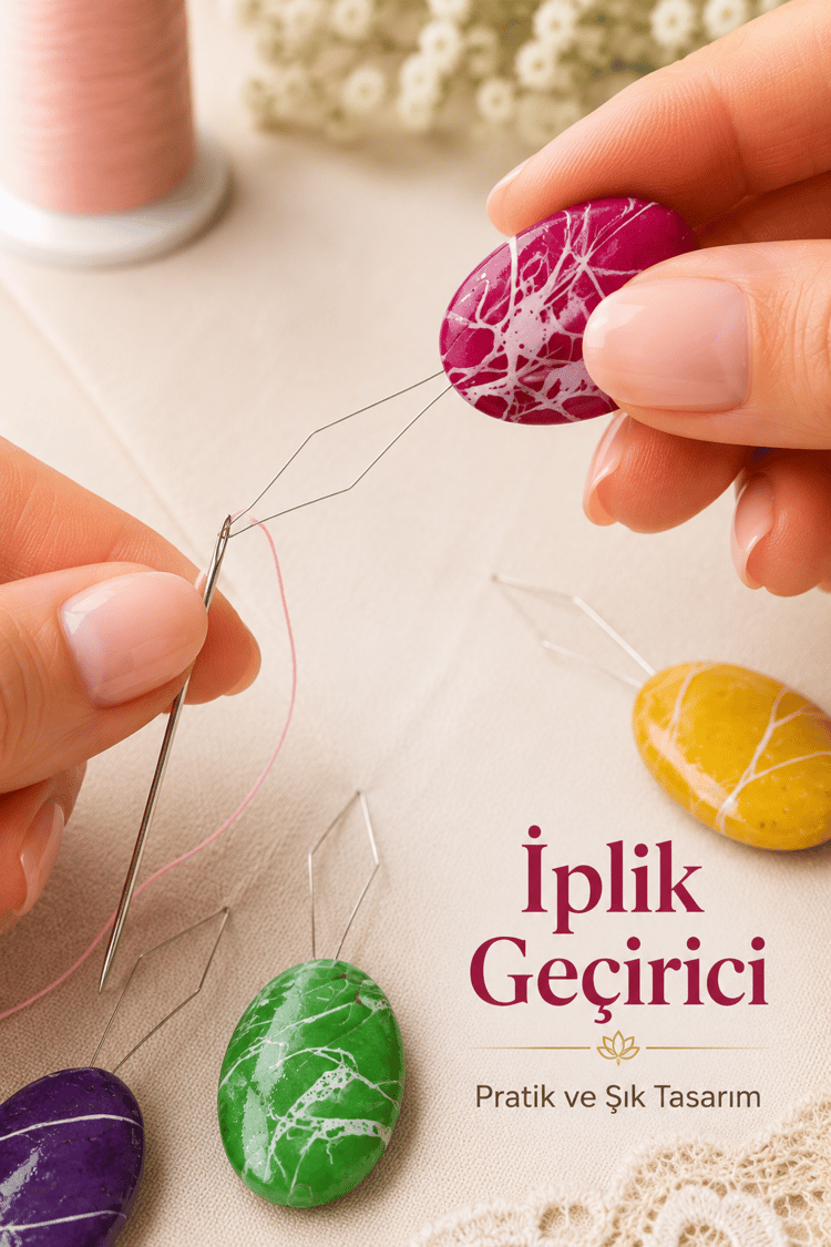 3lü İğneden İplik Geçirme Aparatı, Dekoratif Taş Görünümlü İğneye İplik Geçirici