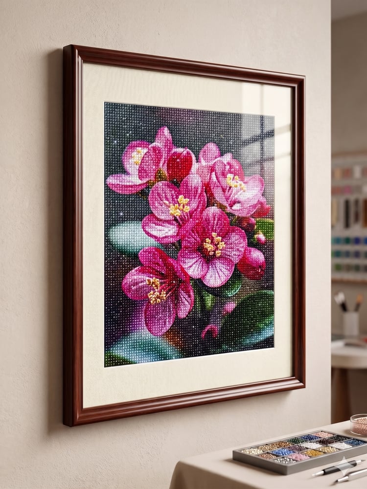 Elmas Mozaik Tablo, 50x40cm Pembe Çiçek Boncuk Yapıştırma Kiti 