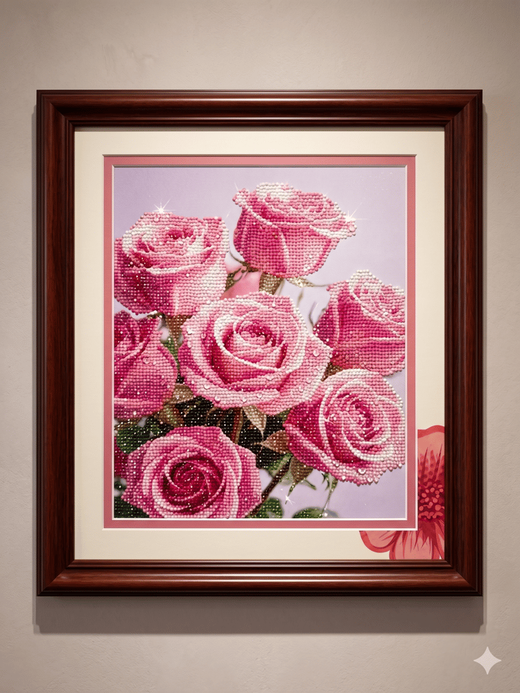 Elmas Mozaik Tablo, 50x40cm Pembe Güller Boncuk Yapıştırma Kiti 