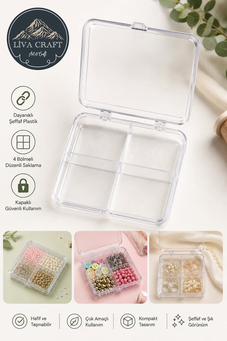 Boncuk ve Takı Düzenleyici Organizer Kapaklı Kutu, 4 Bölmeli Şeffaf Plastik 