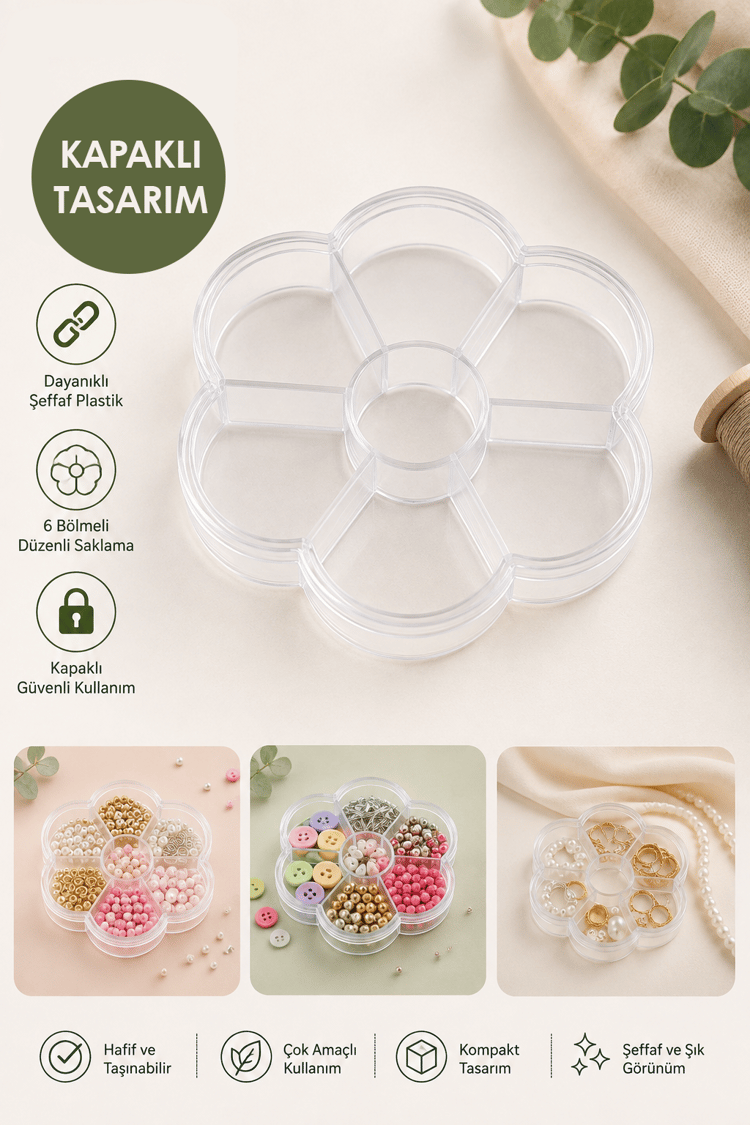 Boncuk ve Takı Düzenleyici Organizer Kapaklı Kutu Çiçek Tasarımı, 7 Bölmeli Şeffaf Plastik 