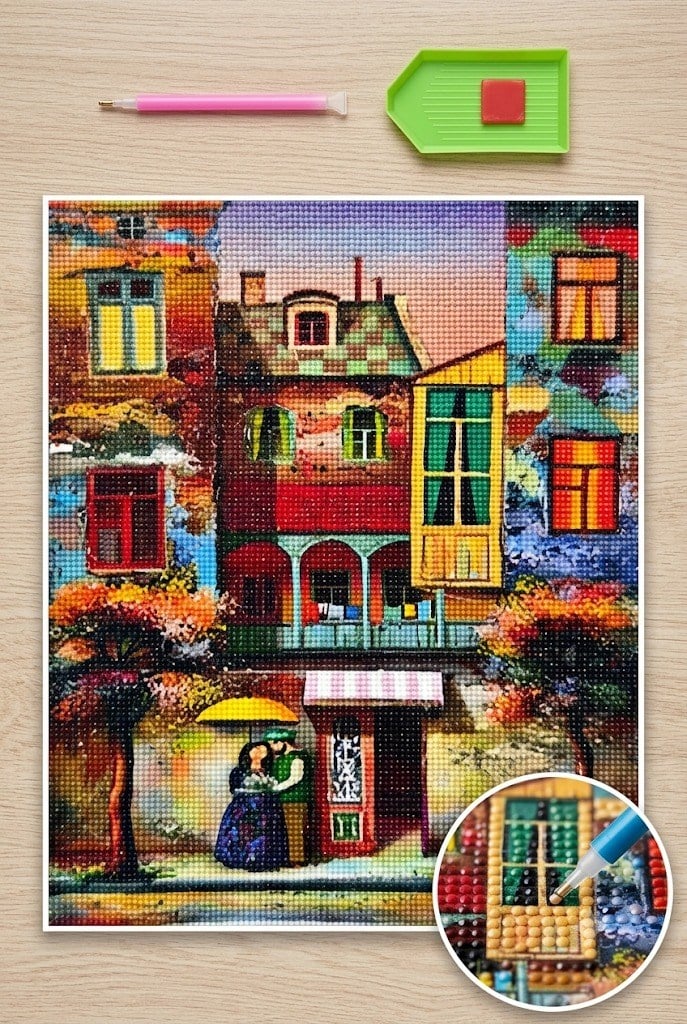 Elmas Mozaik Tablo, 50x40cm Apartmanlar Boncuk Yapıştırma Kiti 