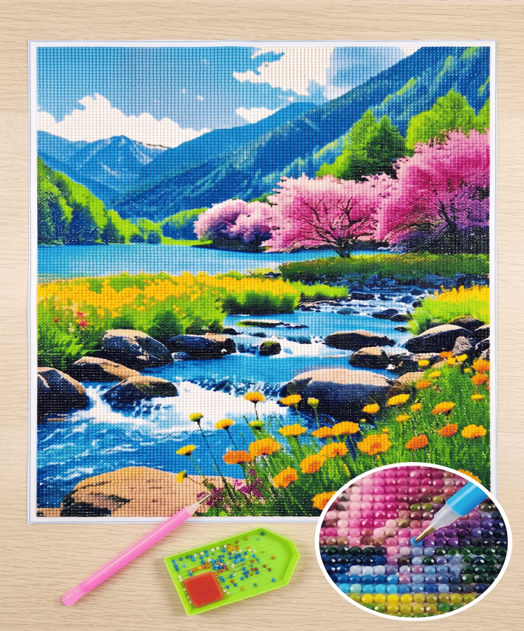 Elmas Mozaik Tablo, 50x40cm Bahar Deresi Boncuk Yapıştırma Kiti 