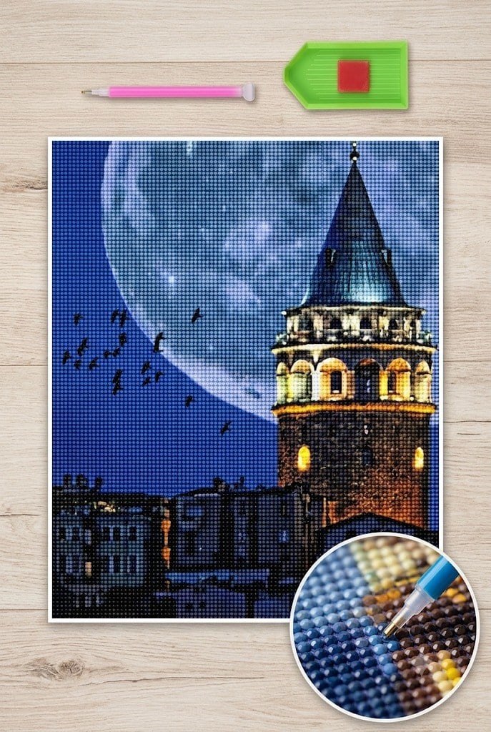 Elmas Mozaik Tablo, 50x40cm Galata Kulesi Boncuk Yapıştırma Kiti 