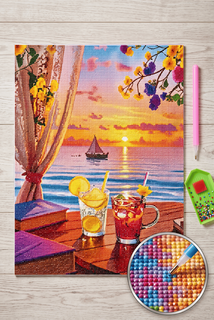 Elmas Mozaik Tablo, 50x40cm Kıyıda Yaz Esintisi Boncuk Yapıştırma Kiti 
