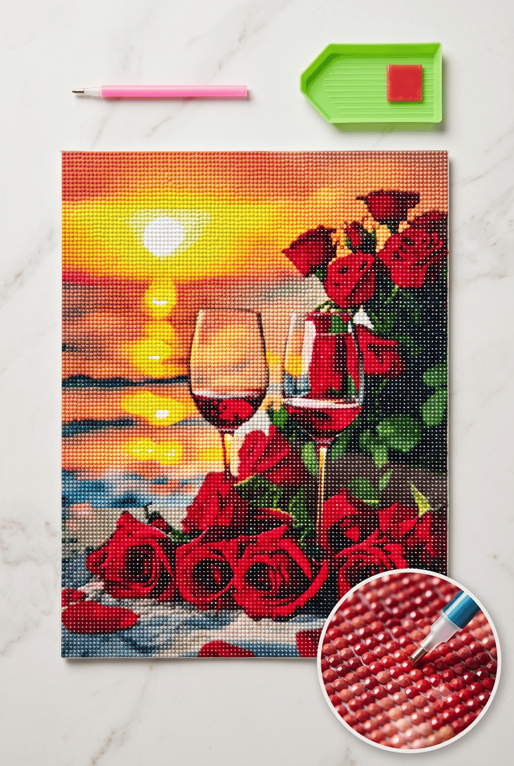 Elmas Mozaik Tablo, 50x40cm Sahilde kırmızı Güller Boncuk Yapıştırma Kiti 