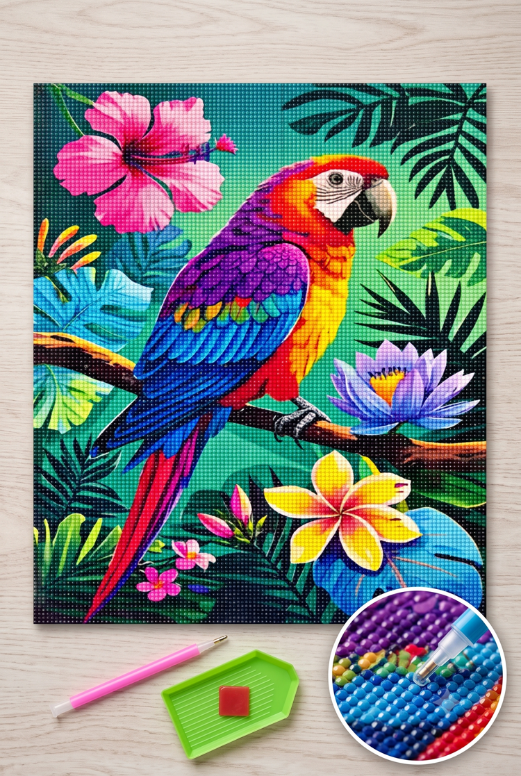 Elmas Mozaik Tablo, 50x65cm Papağan Boncuk Yapıştırma Kiti  