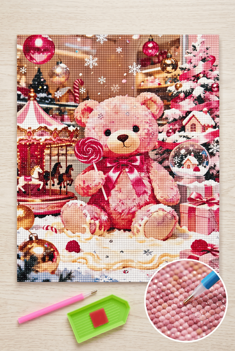 Elmas Mozaik Tablo, 50x65cm Pembe Şeker Ayıcık Boncuk Yapıştırma Kiti  