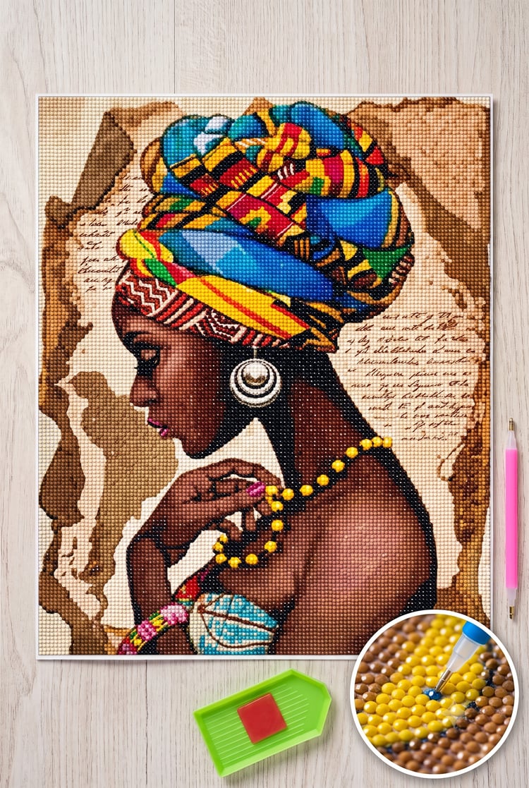 Elmas Mozaik Tablo, Elmas Boyama Puzzle 40 x 50 cm Afrikalı Kadın Boncuk İşleme