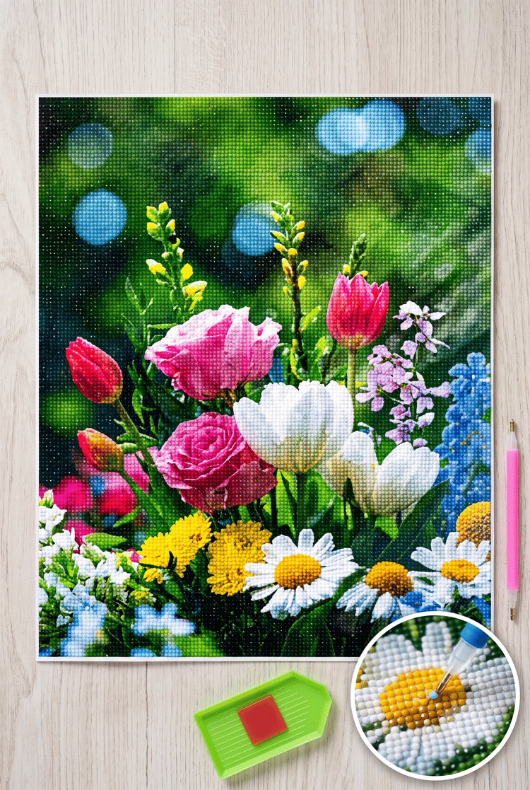 Elmas Mozaik Tablo, Elmas Boyama Puzzle 50 x 65 Çiçek Buketi Boncuk İşleme