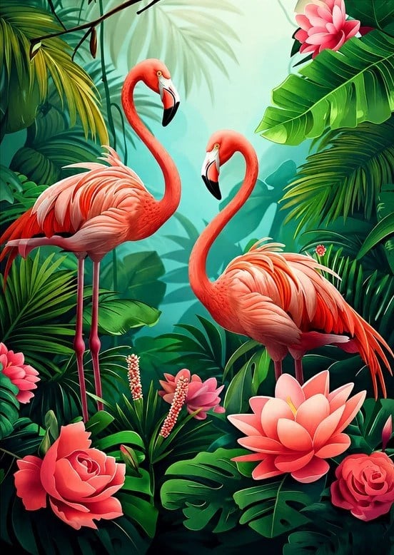 Elmas Mozaik Tablo, Elmas Boyama Puzzle 50 x 65 Amazonda Flamingolar Boncuk İşleme