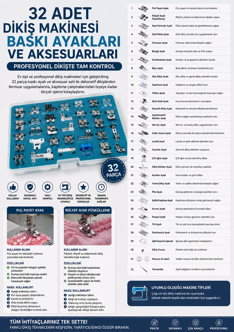 Ev Tipi Dikiş Makinesi Ayak Seti, Geliştirilmiş Yeni 32li Set