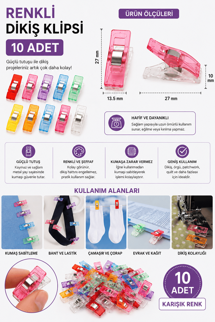 Kumaş Klipsi Küçük Boy 10lu, Kumaş Sabitleme Mandalı, Patchwork Klipsi