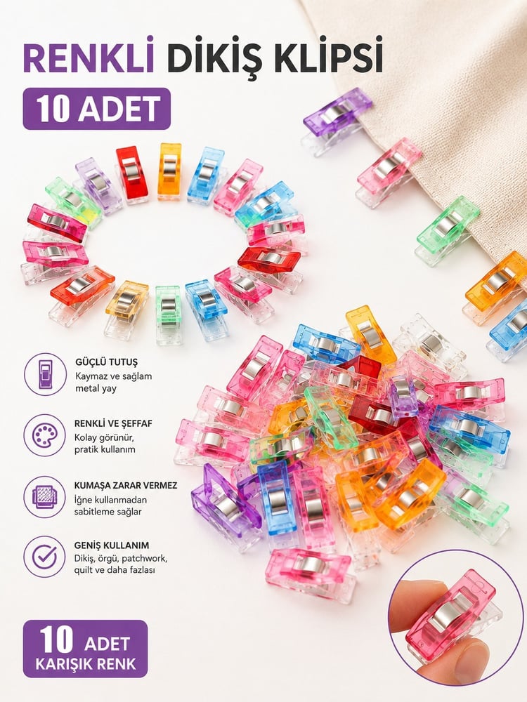 Kumaş Klipsi Küçük Boy 10lu, Kumaş Sabitleme Mandalı, Patchwork Klipsi