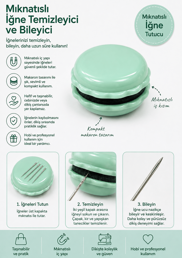 Mıknatıslı İğne Tutucu Makaron Tasarımlı, Temizleyici ve Bileyici, İğnedenlik