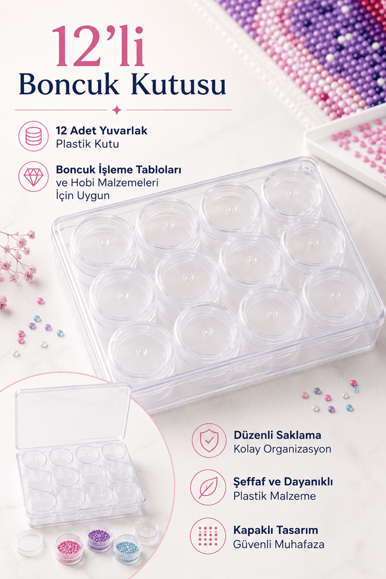 12'li Şeffaf Plastik Boncuk ve Hobi Kutusu, Kapaklı Yuvarlak Saklama Organizeri