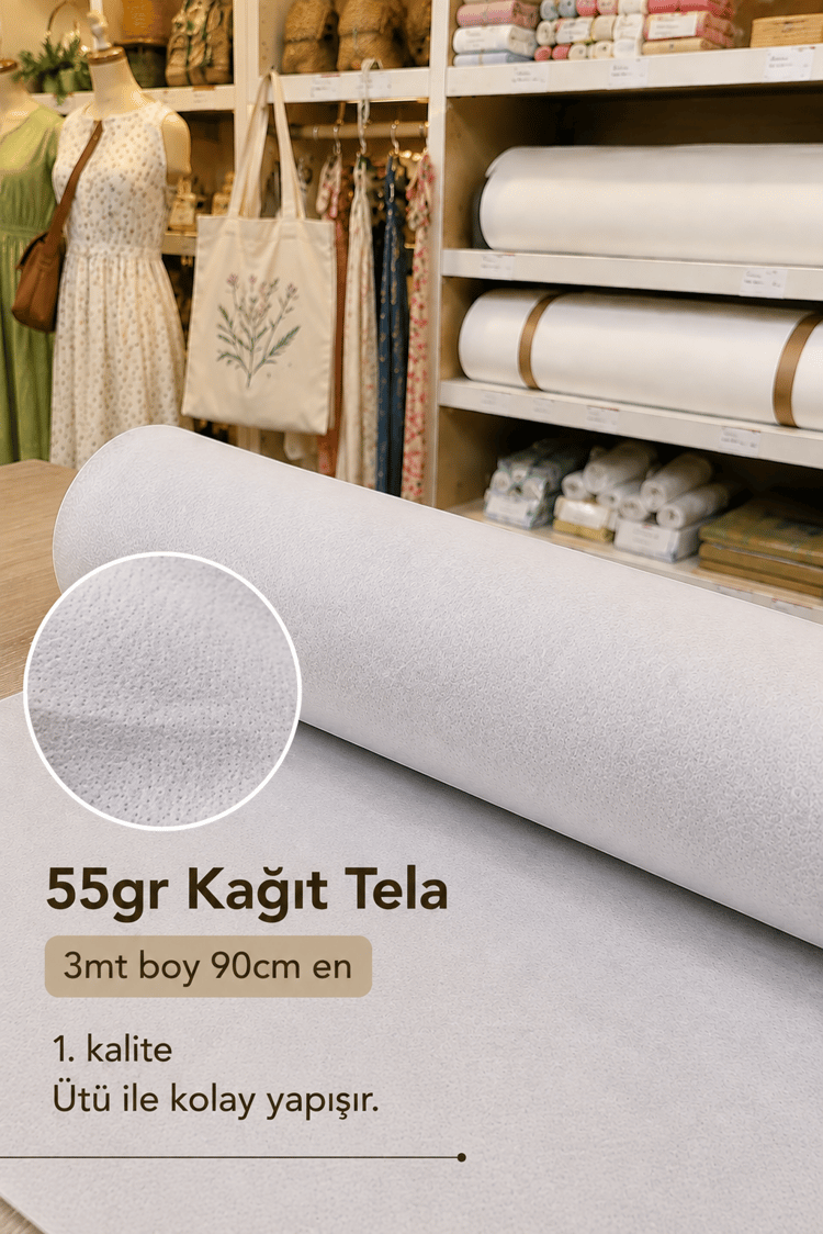 55gr Kağıt Tela 3mt Boy 90cm En, Beyaz Ultra Kalın Tela, Ütü ile Kolay Yapışır, Elbise, Çanta Telası