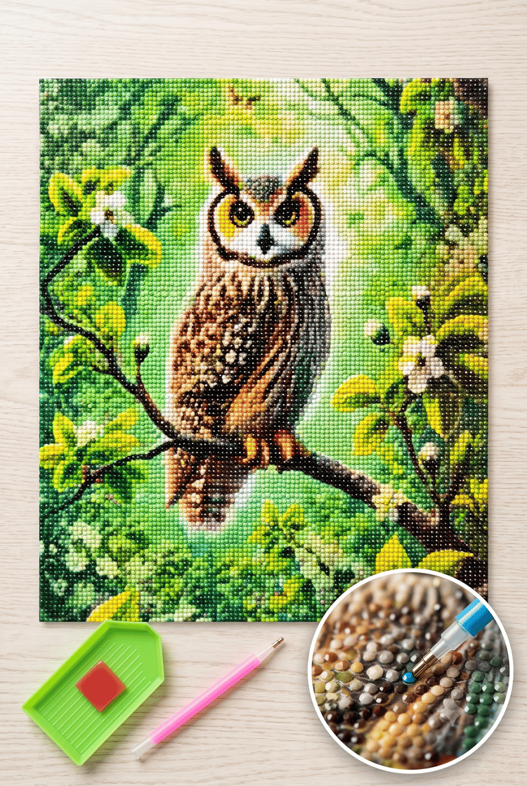 Elmas Mozaik Tablo, 30x30cm Ormandaki Baykuş Boncuk Yapıştırma Kiti  