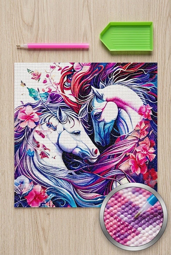 Elmas Mozaik Tablo, 30x30cm Renkli Atlar Boncuk Yapıştırma Kiti  