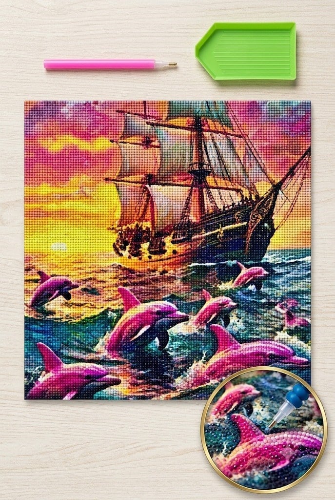 Elmas Mozaik Tablo, 30x30cm Yelkenli Ve Pembe Yunuslar Boncuk Yapıştırma Kiti  