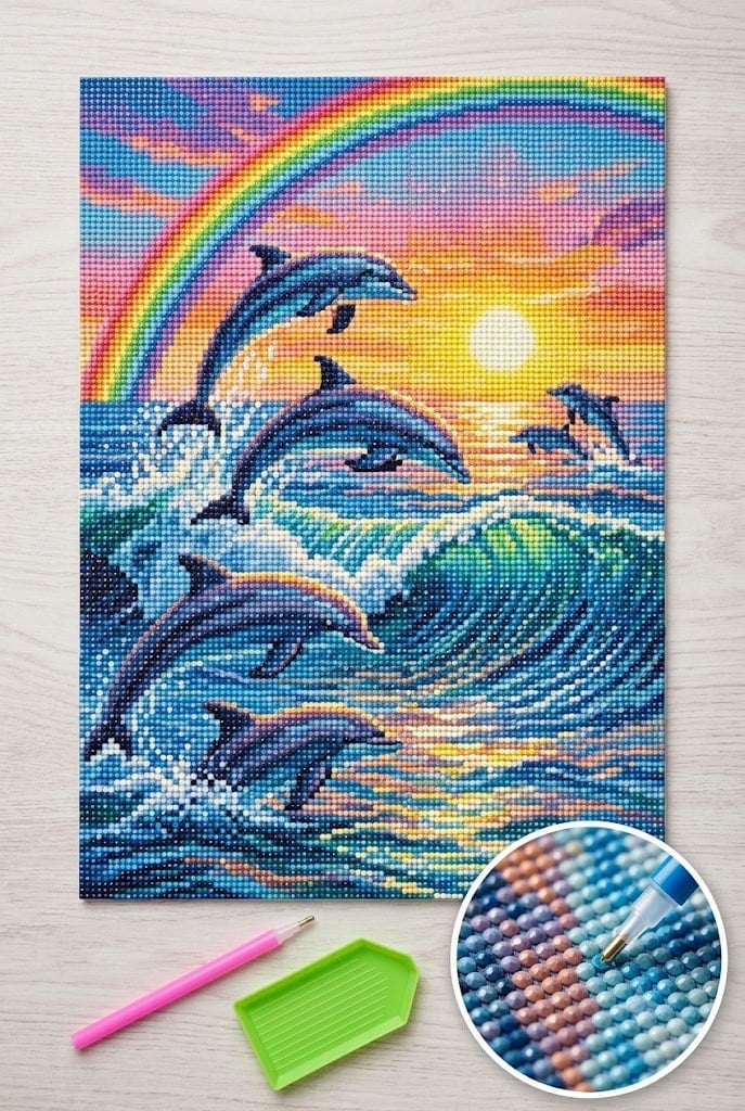Elmas Mozaik Tablo, 30x30cm Yunus Balıkları Boncuk Yapıştırma Kiti  