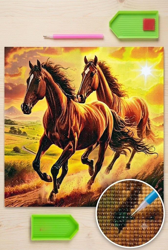 Elmas Mozaik Tablo, 50x40cm Kahverengi Atlar Boncuk Yapıştırma Kiti 