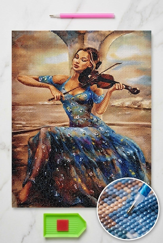 Elmas Mozaik Tablo, 50x40cm Kemancı Kız Boncuk Yapıştırma Kiti 