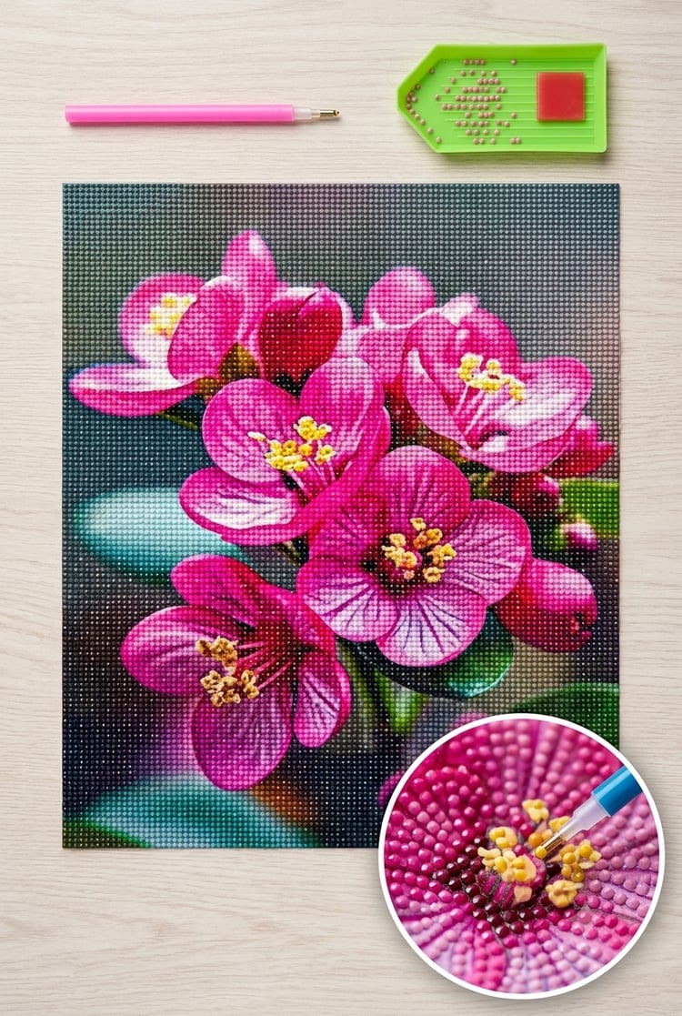 Elmas Mozaik Tablo, 50x40cm Pembe Çiçek Boncuk Yapıştırma Kiti 