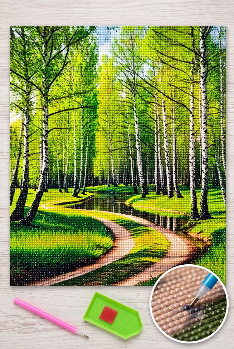 Elmas Mozaik Tablo, 50x40cm Yeşil Orman Boncuk Yapıştırma Kiti 
