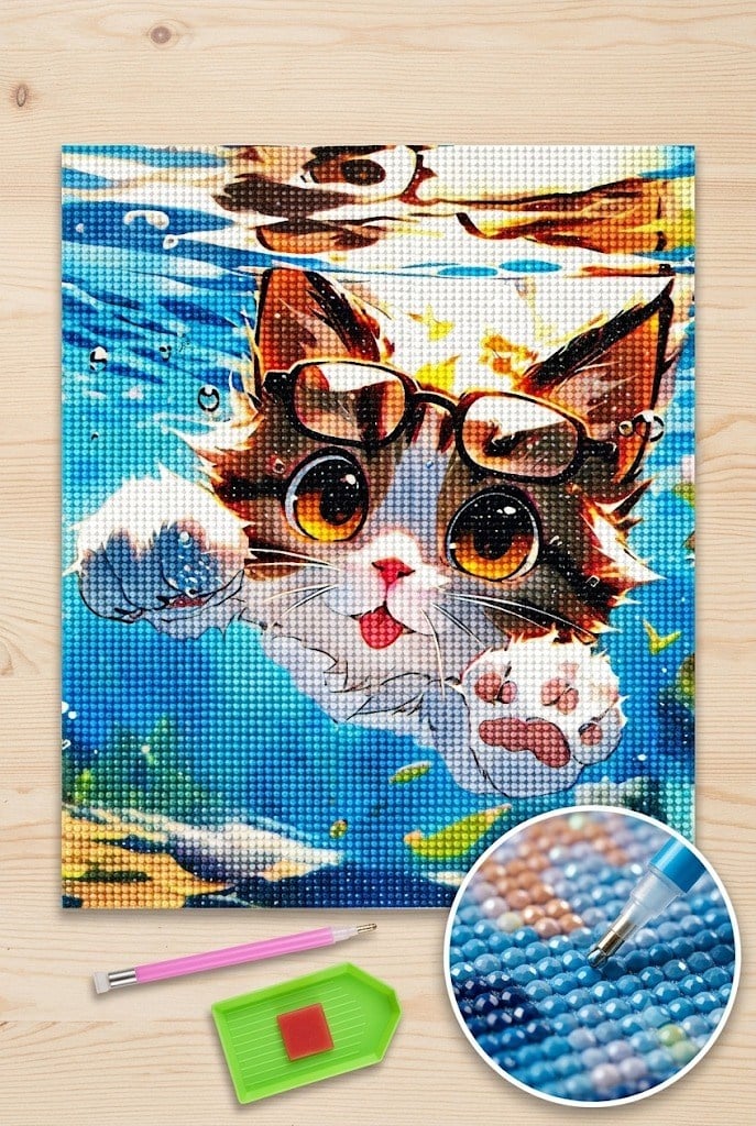 Elmas Mozaik Tablo, 50x40cm Yüzücü Kedi Boncuk Yapıştırma Kiti 