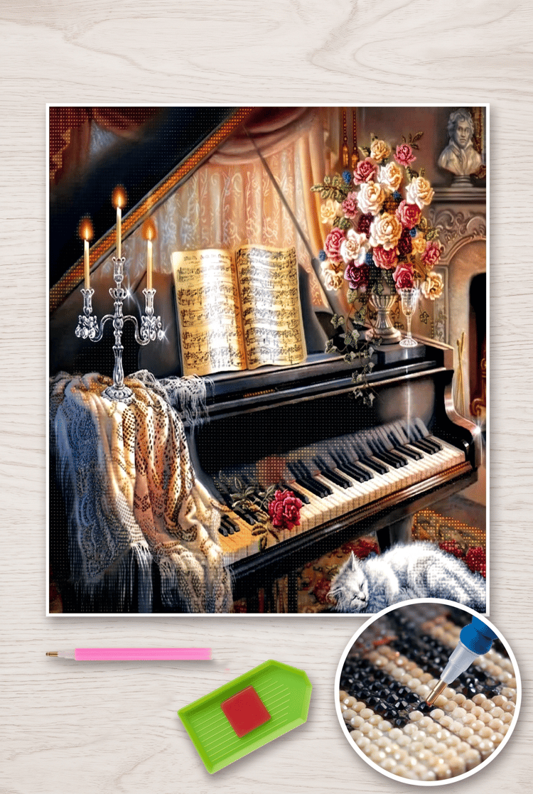 Elmas Mozaik Tablo, Elmas Boyama Puzzle 40 x 50 cm Piyano Boncuk İşleme