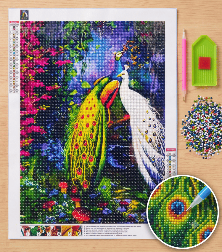 Elmas Mozaik Tablo, Elmas Boyama Puzzle 40 x 50 cm Tavus Kuşları Boncuk İşleme
