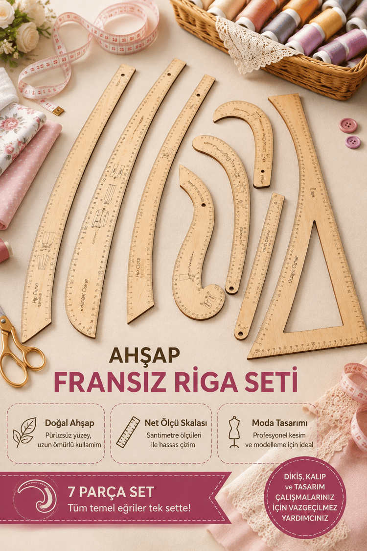 Fransız Dikiş Cetvel Seti 7 Adet, Ahşap Riga Seti, Ölçü Baskılı Dikiş Cetveli